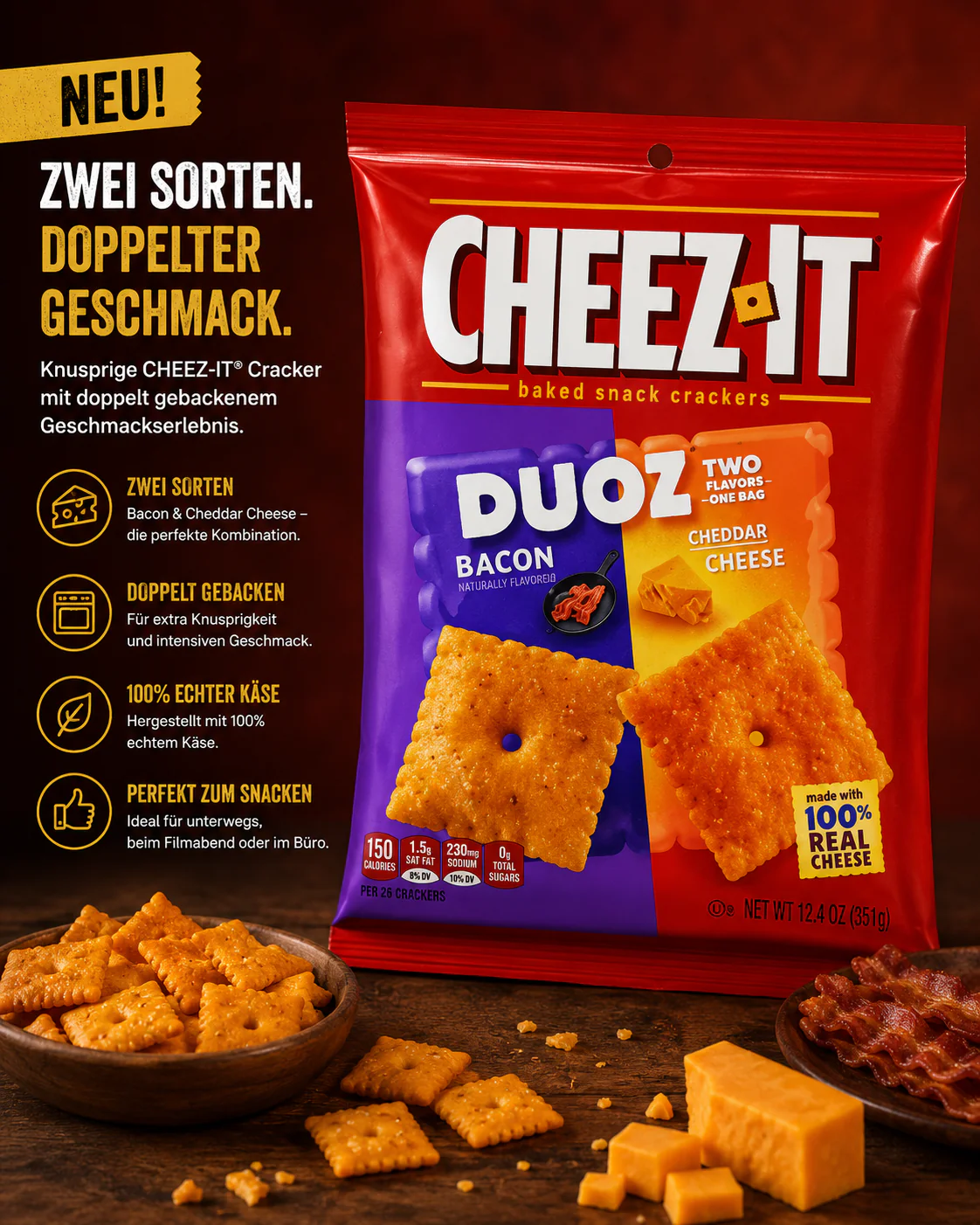 CHEEZ-IT - baked snack crackers "DOUZ - Bacon/Cheddar Cheese" (121,9 g) - Image 2