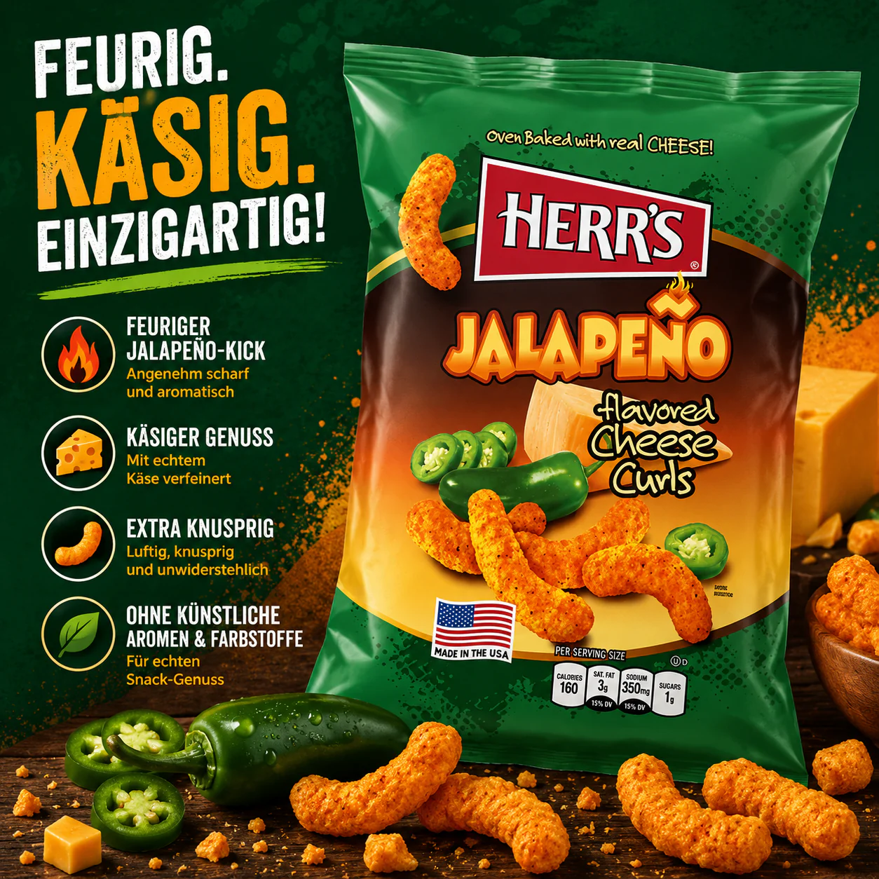 Herr's - flavored Baked Cheese Curls "Jalapeno" (170g) - Image 2