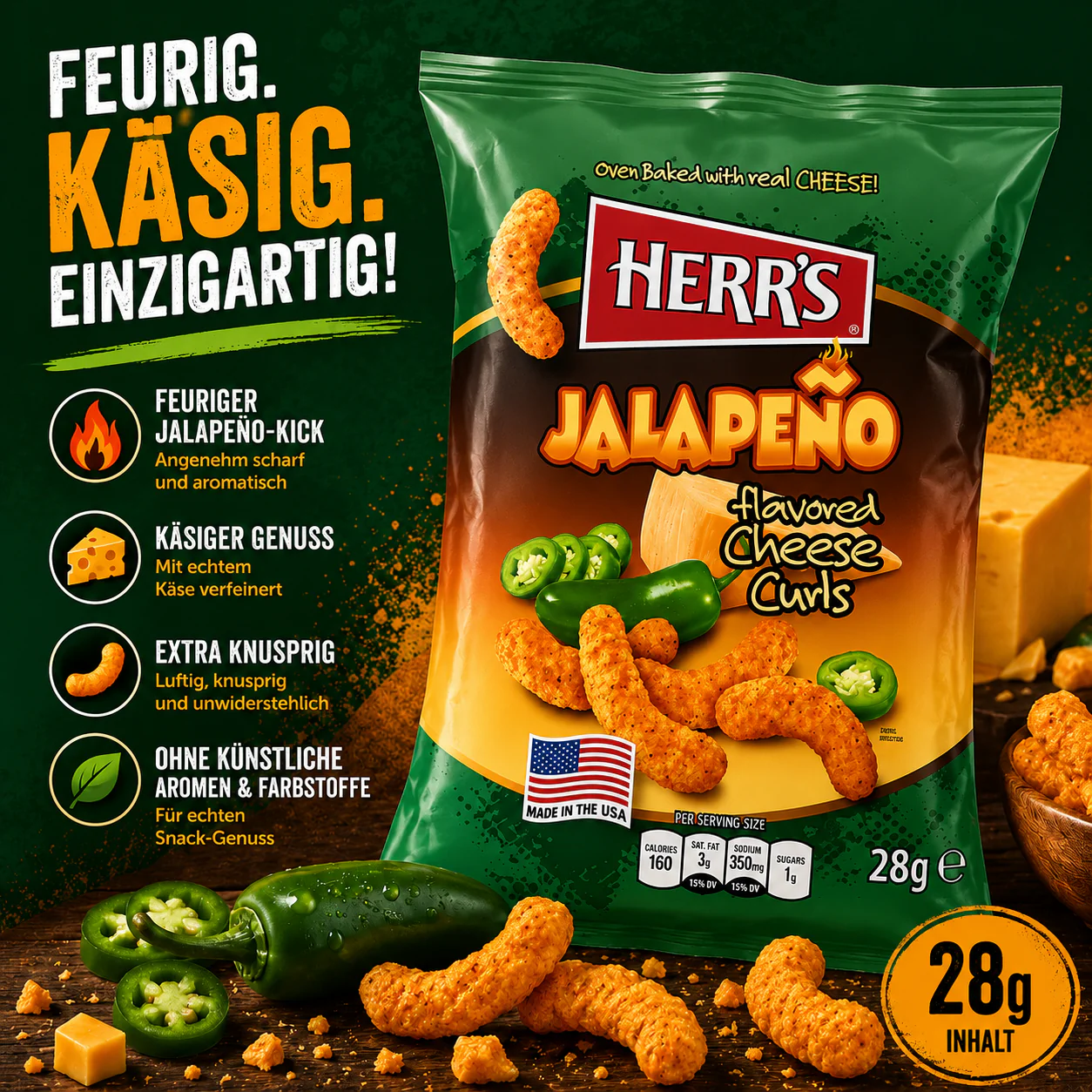 Herr's - flavored Baked Cheese Curls "Jalapeno" (28 g) - SMALL - Image 2